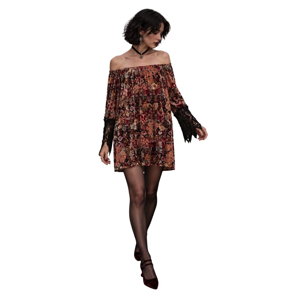 Voom by‎ Joy Han Burnout Velvet Off-Shoulder Floral Lace Dress Small Boho Luxe